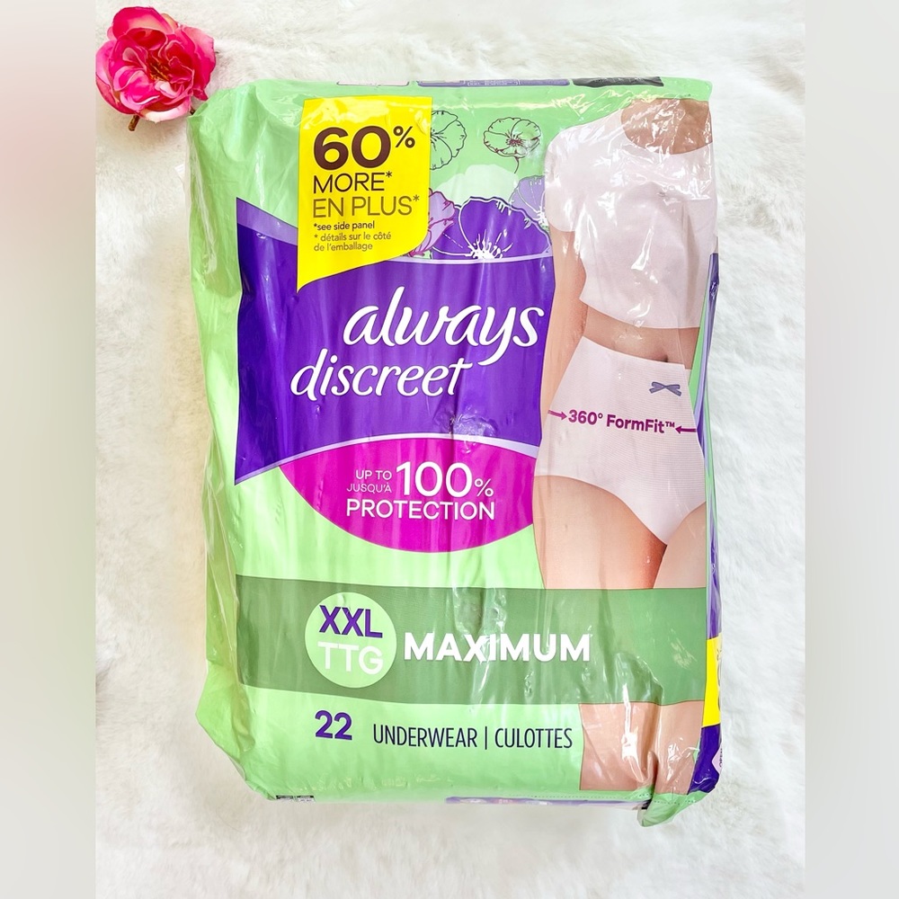 New with tag ALWAYS DISCREET UNDERWEAR MAXIMUM ABSORBENCY. XXL 22 count Form Fit